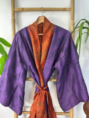 Pure Silk Reversible Recycled Vintage Sari Boho Luxury Kimonos Regal House Dressing Robe Elegant Red Beige Blue Tribal | Oriental Dream Love - Image 8