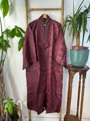 Pure Silk Reversible Recycled Vintage Sari Boho Luxury Kimonos Regal House Dressing Robe Elegant Red Beige Blue Tribal | Oriental Dream Love - Image 2