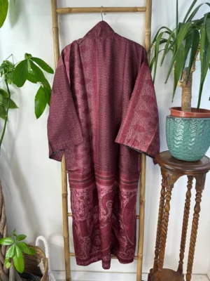 Pure Silk Reversible Recycled Vintage Sari Boho Luxury Kimonos Regal House Dressing Robe Elegant Red Beige Blue Tribal | Oriental Dream Love - Image 3