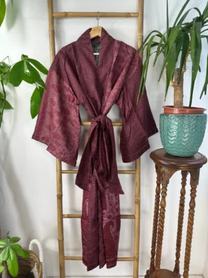 Pure Silk Reversible Recycled Vintage Sari Boho Luxury Kimonos Regal House Dressing Robe Elegant Red Beige Blue Tribal | Oriental Dream Love - Image 4