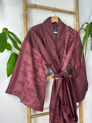 Pure Silk Reversible Recycled Vintage Sari Boho Luxury Kimonos Regal House Dressing Robe Elegant Red Beige Blue Tribal | Oriental Dream Love - Image 5