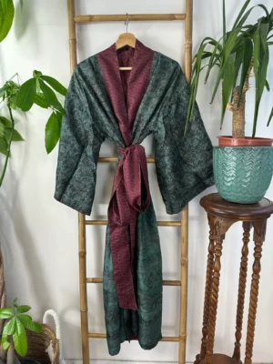 Pure Silk Reversible Recycled Vintage Sari Boho Luxury Kimonos Regal House Dressing Robe Elegant Red Beige Blue Tribal | Oriental Dream Love - Image 7