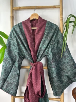 Pure Silk Reversible Recycled Vintage Sari Boho Luxury Kimonos Regal House Dressing Robe Elegant Red Beige Blue Tribal | Oriental Dream Love - Image 8