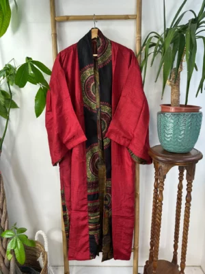 Pure Silk Reversible Recycled Vintage Sari Boho Luxury Kimonos Regal House Dressing Robe Elegant Red Beige Blue Tribal | Oriental Dream Love - Image 3