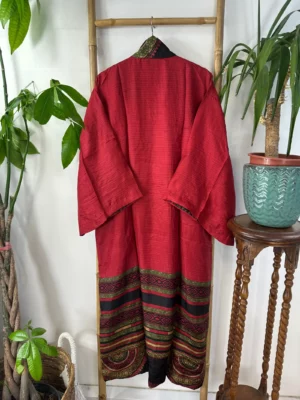 Pure Silk Reversible Recycled Vintage Sari Boho Luxury Kimonos Regal House Dressing Robe Elegant Red Beige Blue Tribal | Oriental Dream Love - Image 4