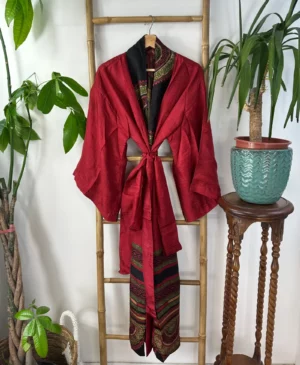 Pure Silk Reversible Recycled Vintage Sari Boho Luxury Kimonos Regal House Dressing Robe Elegant Red Beige Blue Tribal | Oriental Dream Love - Image 5