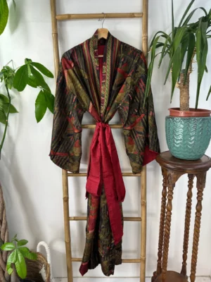 Pure Silk Reversible Recycled Vintage Sari Boho Luxury Kimonos Regal House Dressing Robe Elegant Red Beige Blue Tribal | Oriental Dream Love - Image 7