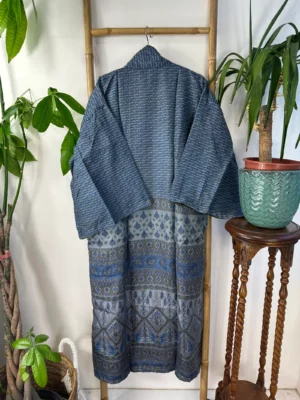 Pure Silk Reversible Recycled Vintage Sari Boho Luxury Kimonos Regal House Dressing Robe Elegant Red Beige Blue Tribal | Oriental Dream Love - Image 3