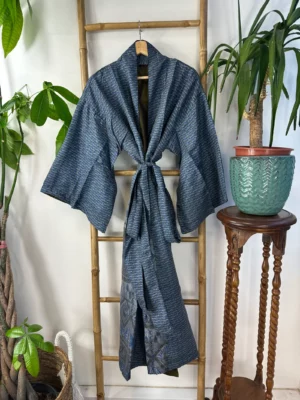 Pure Silk Reversible Recycled Vintage Sari Boho Luxury Kimonos Regal House Dressing Robe Elegant Red Beige Blue Tribal | Oriental Dream Love - Image 4