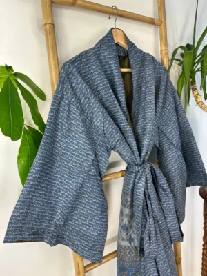 Pure Silk Reversible Recycled Vintage Sari Boho Luxury Kimonos Regal House Dressing Robe Elegant Red Beige Blue Tribal | Oriental Dream Love - Image 5