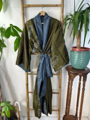 Pure Silk Reversible Recycled Vintage Sari Boho Luxury Kimonos Regal House Dressing Robe Elegant Red Beige Blue Tribal | Oriental Dream Love - Image 7