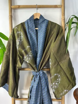 Pure Silk Reversible Recycled Vintage Sari Boho Luxury Kimonos Regal House Dressing Robe Elegant Red Beige Blue Tribal | Oriental Dream Love - Image 8