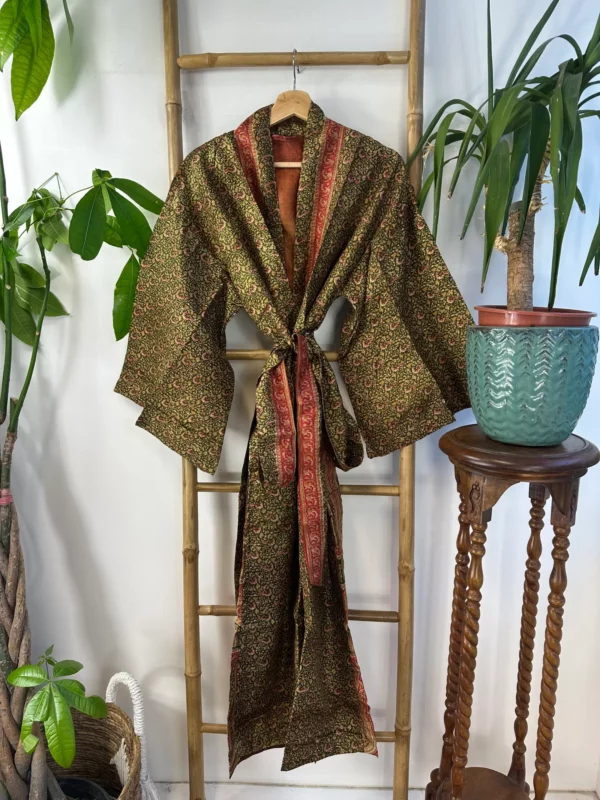 Pure Silk Reversible Recycled Vintage Sari Boho Luxury Kimonos Regal House Dressing Robe Elegant Red Beige Blue Tribal | Oriental Dream Love