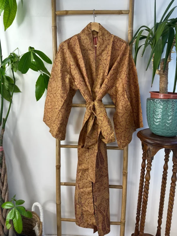 Pure Silk Reversible Recycled Vintage Sari Boho Luxury Kimonos Regal House Dressing Robe Elegant Red Beige Blue Tribal | Oriental Dream Love