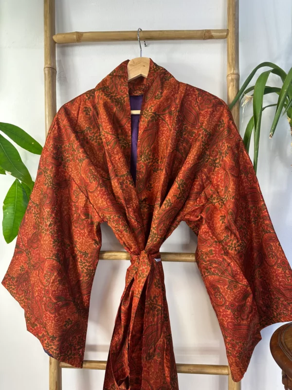 Pure Silk Reversible Recycled Vintage Sari Boho Luxury Kimonos Regal House Dressing Robe Elegant Red Beige Blue Tribal | Oriental Dream Love