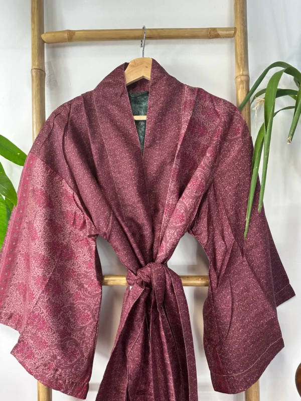 Pure Silk Reversible Recycled Vintage Sari Boho Luxury Kimonos Regal House Dressing Robe Elegant Red Beige Blue Tribal | Oriental Dream Love
