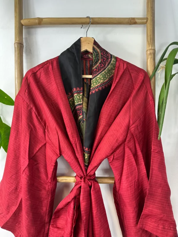 Pure Silk Reversible Recycled Vintage Sari Boho Luxury Kimonos Regal House Dressing Robe Elegant Red Beige Blue Tribal | Oriental Dream Love