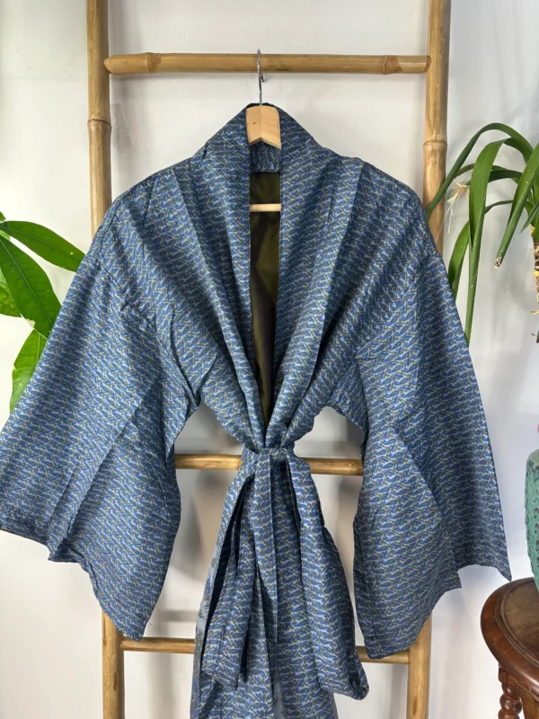 Pure Silk Reversible Recycled Vintage Sari Boho Luxury Kimonos Regal House Dressing Robe Elegant Red Beige Blue Tribal | Oriental Dream Love