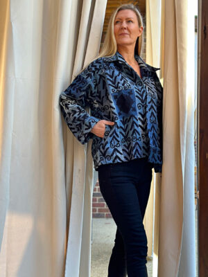 Denim Recycled Patchwork Jacket Suzani Black Embroidery Boho Quirky Bolero Urban Chic Artisan Coat Luxury Christmas Gift Classic Blue Black - Image 2