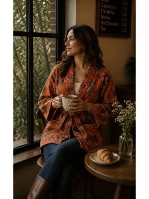Luxury Velvet Boho Quirky Floral Layer Dinner Chic Coat Bomber Jacket Bolero Autumn Winter Christmas Gift | Elegant Royal Rust Orange Green