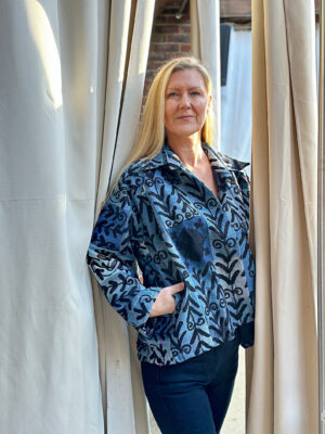 Denim Recycled Patchwork Jacket Suzani Black Embroidery Boho Quirky Bolero Urban Chic Artisan Coat Luxury Christmas Gift Classic Blue Black - Image 5
