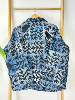 Denim Recycled Patchwork Jacket Suzani Black Embroidery Boho Quirky Bolero Urban Chic Artisan Coat Luxury Christmas Gift Classic Blue Black - Image 4