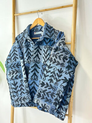 Denim Recycled Patchwork Jacket Suzani Black Embroidery Boho Quirky Bolero Urban Chic Artisan Coat Luxury Christmas Gift Classic Blue Black - Image 3