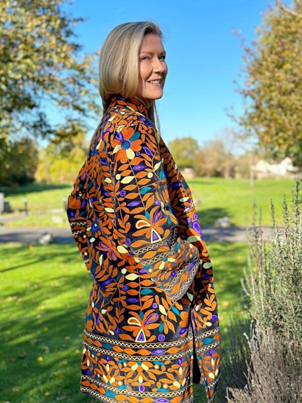 Velvet Suzani Artisan Hand Embroidered Front Open Long Jacket Coat | Elegant Boho Luxury Special Christmas Mom Gift | Black Orange Tribal