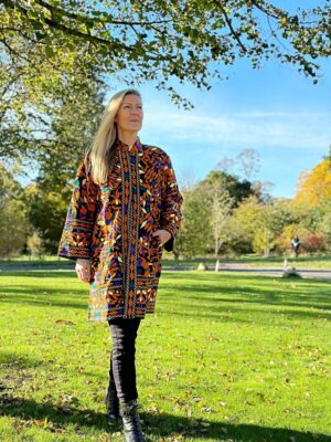 Velvet Suzani Artisan Hand Embroidered Front Open Long Jacket Coat | Elegant Boho Luxury Special Christmas Mom Gift | Black Orange Tribal - Image 2