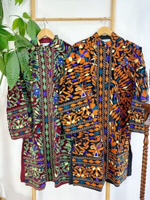 Velvet Suzani Artisan Hand Embroidered Front Open Long Jacket Coat | Elegant Boho Luxury Special Christmas Mom Gift | Black Orange Tribal - Image 3