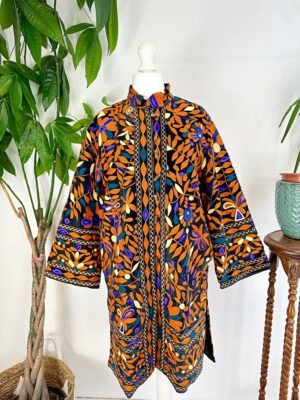 Velvet Suzani Artisan Hand Embroidered Front Open Long Jacket Coat | Elegant Boho Luxury Special Christmas Mom Gift | Black Orange Tribal - Image 4