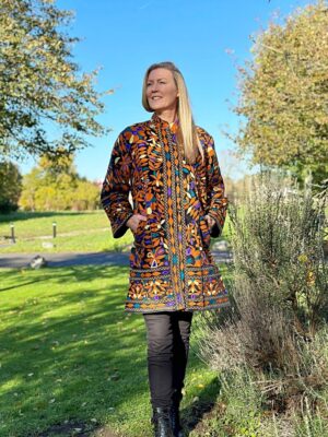 Velvet Suzani Artisan Hand Embroidered Front Open Long Jacket Coat | Elegant Boho Luxury Special Christmas Mom Gift | Black Orange Tribal - Image 5
