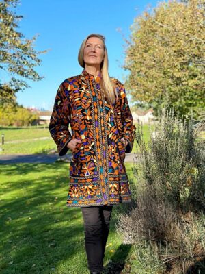 Velvet Suzani Artisan Hand Embroidered Front Open Long Jacket Coat | Elegant Boho Luxury Special Christmas Mom Gift | Black Orange Tribal - Image 6