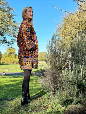 Velvet Suzani Artisan Hand Embroidered Front Open Long Jacket Coat | Elegant Boho Luxury Special Christmas Mom Gift | Black Orange Tribal - Image 7