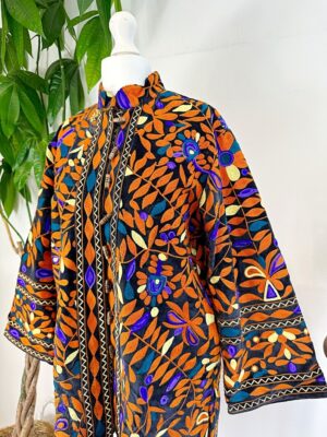 Velvet Suzani Artisan Hand Embroidered Front Open Long Jacket Coat | Elegant Boho Luxury Special Christmas Mom Gift | Black Orange Tribal - Image 8