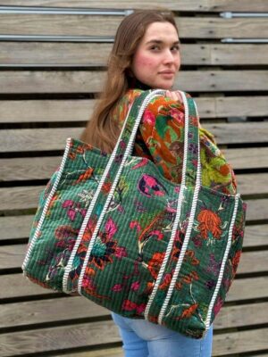 Quilted Velvet Cotton Reversible Extra Large Tote Bag Beach Weekender Eco friendly Sustainable Sturdy Grocery Shopping Emerald Green Floral - Image 7
