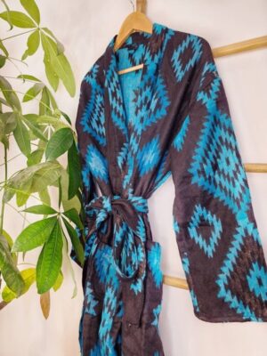 Unisex Yak Wool Blend Floral Kimono/Robe | Regal Urban Black Turquoise Blue Hue Geometric Diamonds Aztec Print | Southwestern Ikat Style - Image 2
