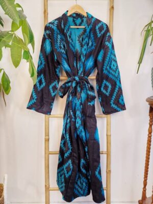 Unisex Yak Wool Blend Floral Kimono/Robe | Regal Urban Black Turquoise Blue Hue Geometric Diamonds Aztec Print | Southwestern Ikat Style - Image 3