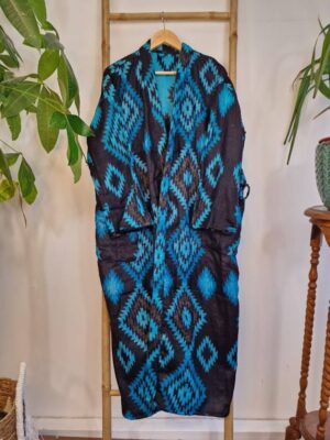 Unisex Yak Wool Blend Floral Kimono/Robe | Regal Urban Black Turquoise Blue Hue Geometric Diamonds Aztec Print | Southwestern Ikat Style - Image 4