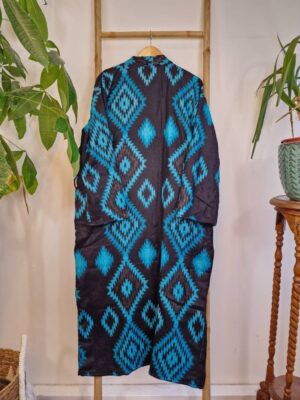 Unisex Yak Wool Blend Floral Kimono/Robe | Regal Urban Black Turquoise Blue Hue Geometric Diamonds Aztec Print | Southwestern Ikat Style - Image 5