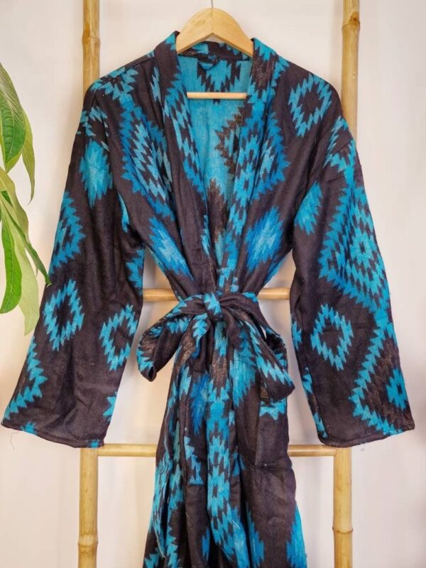 Unisex Yak Wool Blend Floral Kimono/Robe | Regal Urban Black Turquoise Blue Hue Geometric Diamonds Aztec Print | Southwestern Ikat Style