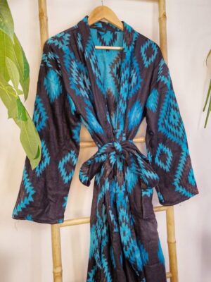 Unisex Yak Wool Blend Floral Kimono/Robe | Regal Urban Black Turquoise Blue Hue Geometric Diamonds Aztec Print | Southwestern Ikat Style - Image 6