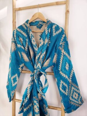 Unisex Yak Wool Blend Floral Kimono Dressing Warm Cosy Robe | Regal Urban Bright Ocean Turquoise Geometric Diamonds Aztec Print - Image 3