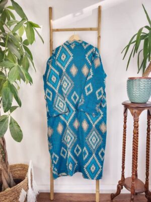 Unisex Yak Wool Blend Floral Kimono Dressing Warm Cosy Robe | Regal Urban Bright Ocean Turquoise Geometric Diamonds Aztec Print - Image 4