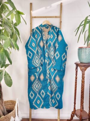 Unisex Yak Wool Blend Floral Kimono Dressing Warm Cosy Robe | Regal Urban Bright Ocean Turquoise Geometric Diamonds Aztec Print - Image 5