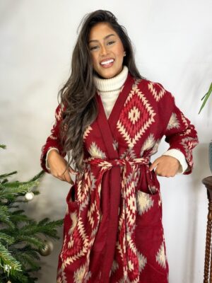 Unisex Yak Wool Blend Floral Kimono/Robe | Regal Urban Christmas Love Red Beige Cream Geometric Diamonds Aztec Print | Lovers Romance - Image 2