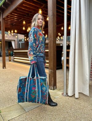 Quilted Velvet Cotton Reversible Extra Large Tote Bag Beach Weekender Eco friendly Sustainable Sturdy Grocery Shopping Rich Teal Pink Orange - Image 2