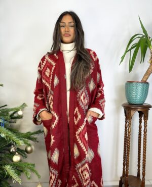 Unisex Yak Wool Blend Floral Kimono/Robe | Regal Urban Christmas Love Red Beige Cream Geometric Diamonds Aztec Print | Lovers Romance - Image 3