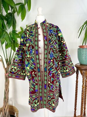 Velvet Suzani Artisan Hand Embroidered Front Open Long Jacket Coat | Elegant Boho Luxury Special Christmas Mom Gift | Maroon Green Voilet - Image 3