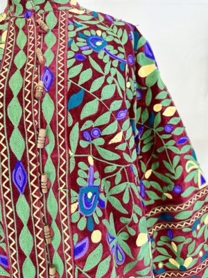 Velvet Suzani Artisan Hand Embroidered Front Open Long Jacket Coat | Elegant Boho Luxury Special Christmas Mom Gift | Maroon Green Voilet - Image 5